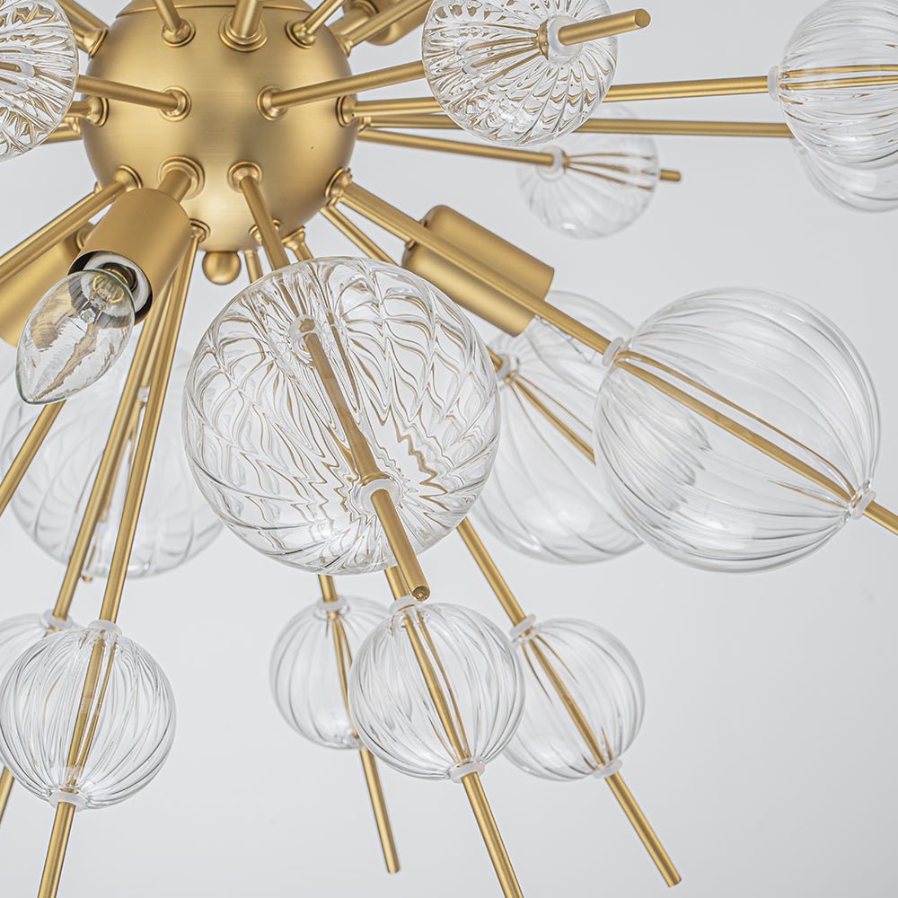 Brass Ribbed Glass Globe Bubble Sputnik Sunburst Chandelier