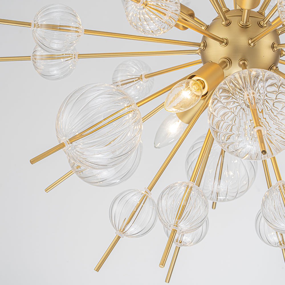 Brass Ribbed Glass Globe Bubble Sputnik Sunburst Chandelier