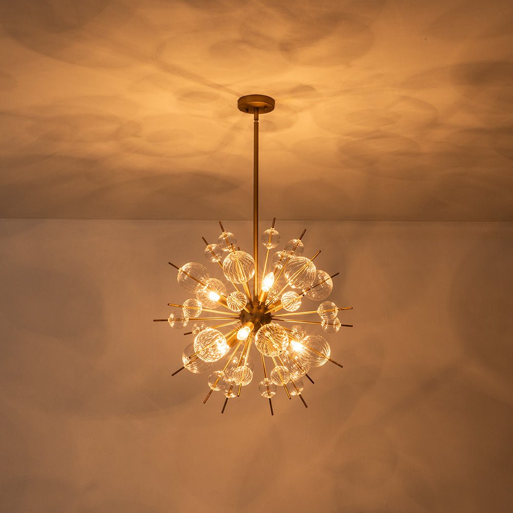 Brass Ribbed Glass Globe Bubble Sputnik Sunburst Chandelier