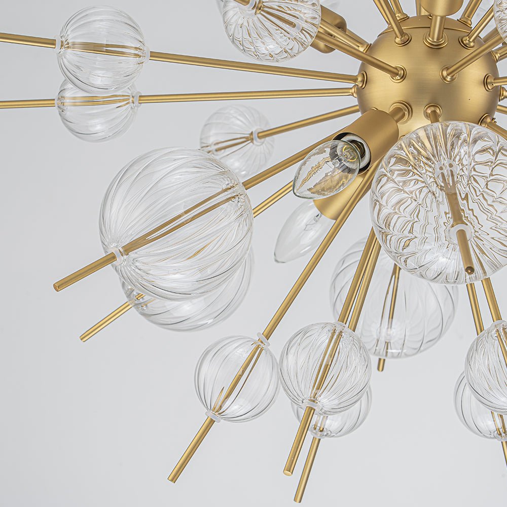 Brass Ribbed Glass Globe Bubble Sputnik Sunburst Chandelier