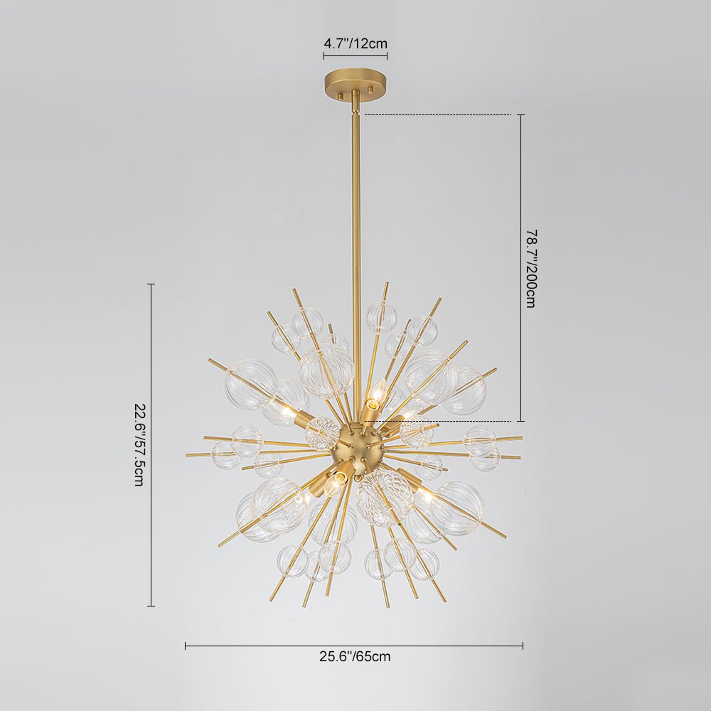 Brass Ribbed Glass Globe Bubble Sputnik Sunburst Chandelier