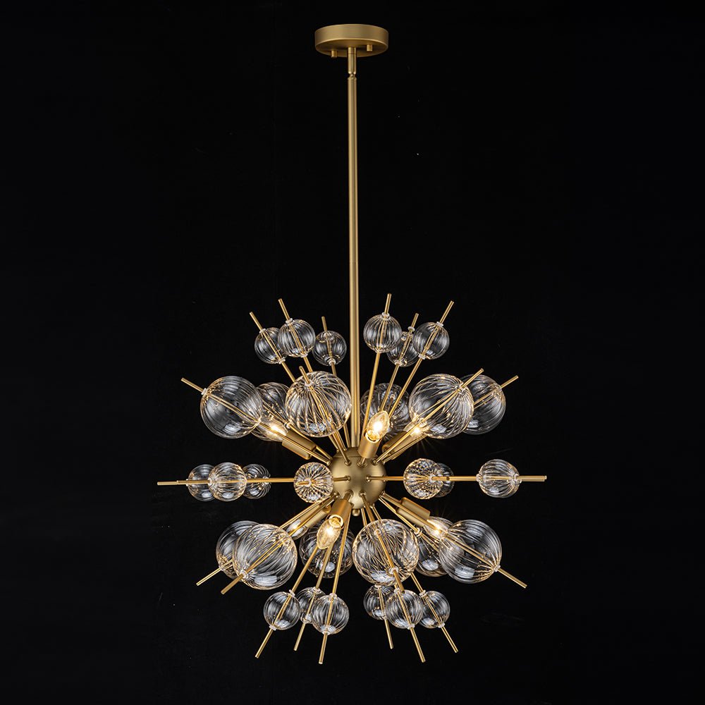 Brass Ribbed Glass Globe Bubble Sputnik Sunburst Chandelier