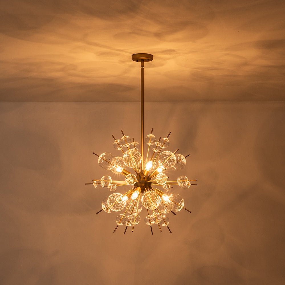 Brass Ribbed Glass Globe Bubble Sputnik Sunburst Chandelier