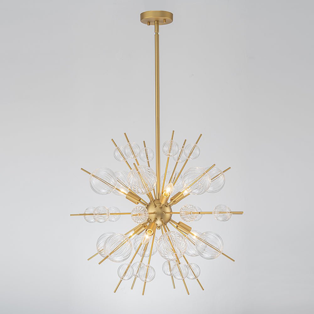 Brass Ribbed Glass Globe Bubble Sputnik Sunburst Chandelier