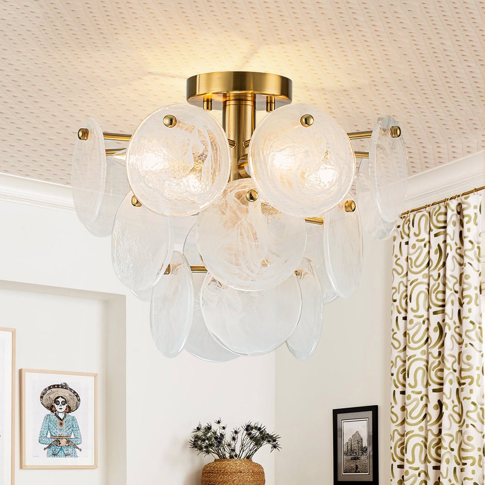 (OpenBox) Brass Tiered Opal Swirl Glass Semi Flush Chandelier