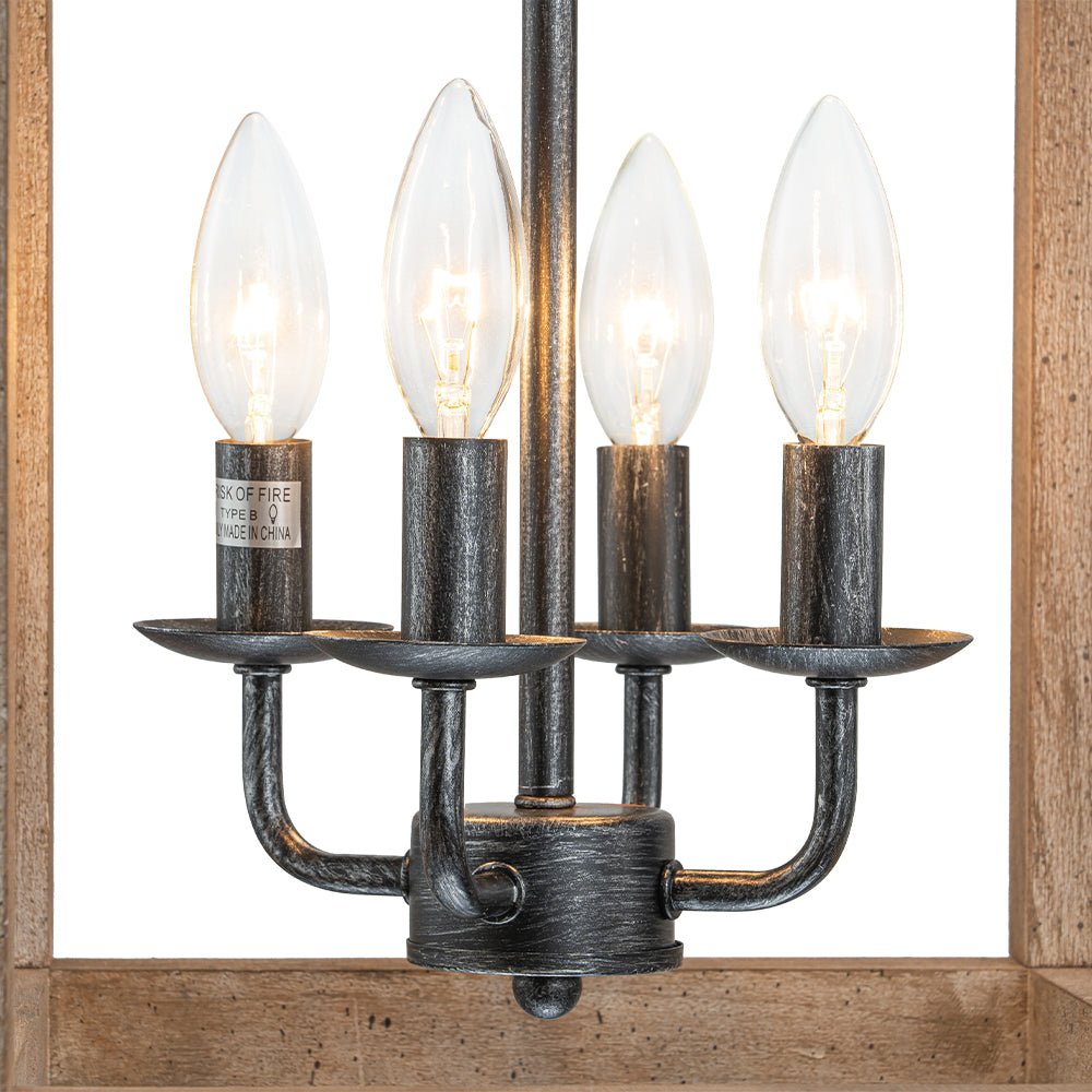 Candle Style Weathered Wooden Square Cage Pendant Light