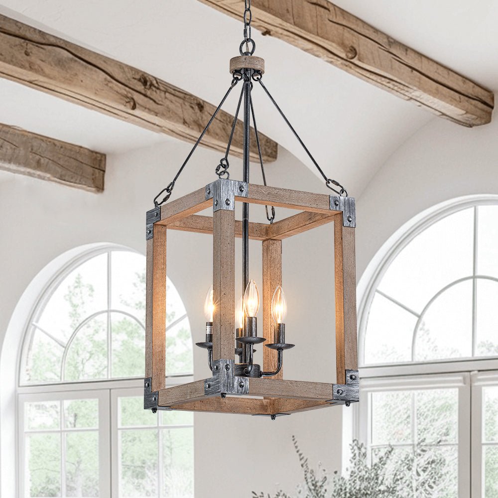 Candle Style Weathered Wooden Square Cage Pendant Light