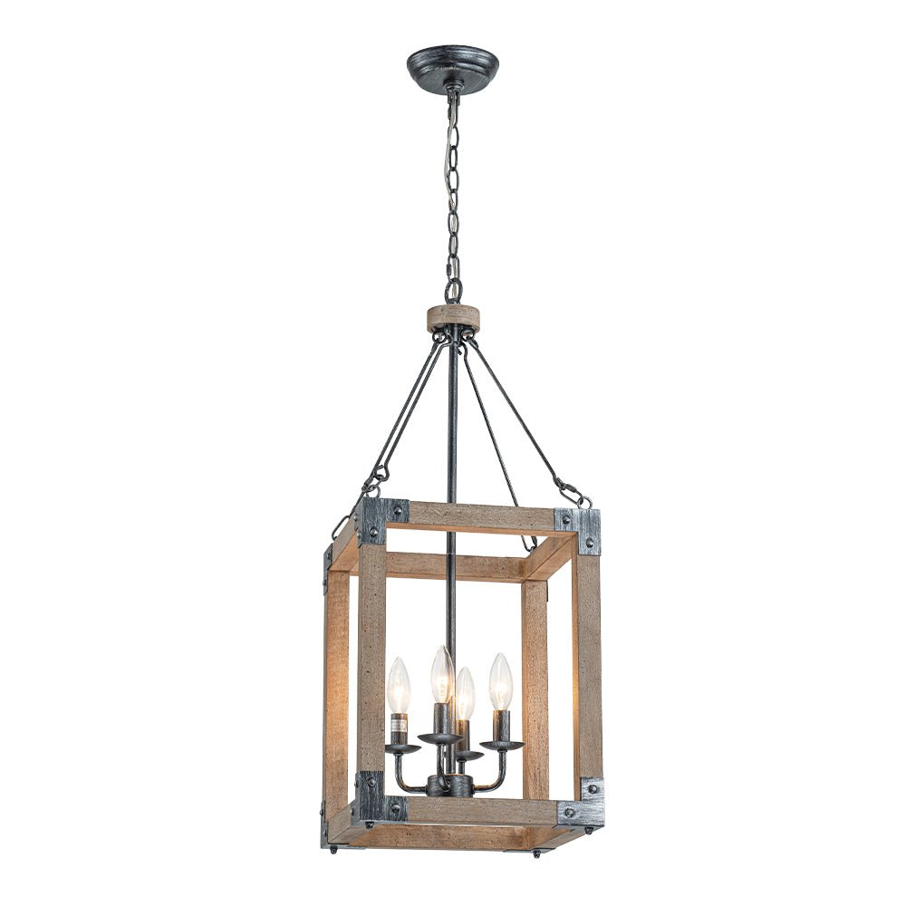 Candle Style Weathered Wooden Square Cage Pendant Light
