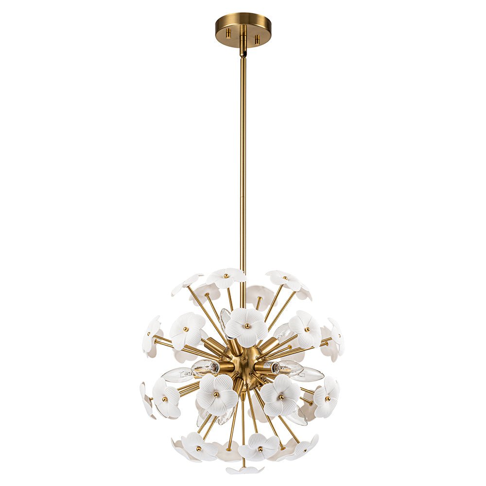 Ceramic Hoya Floral Brass Sunburst Sphere Chandelier