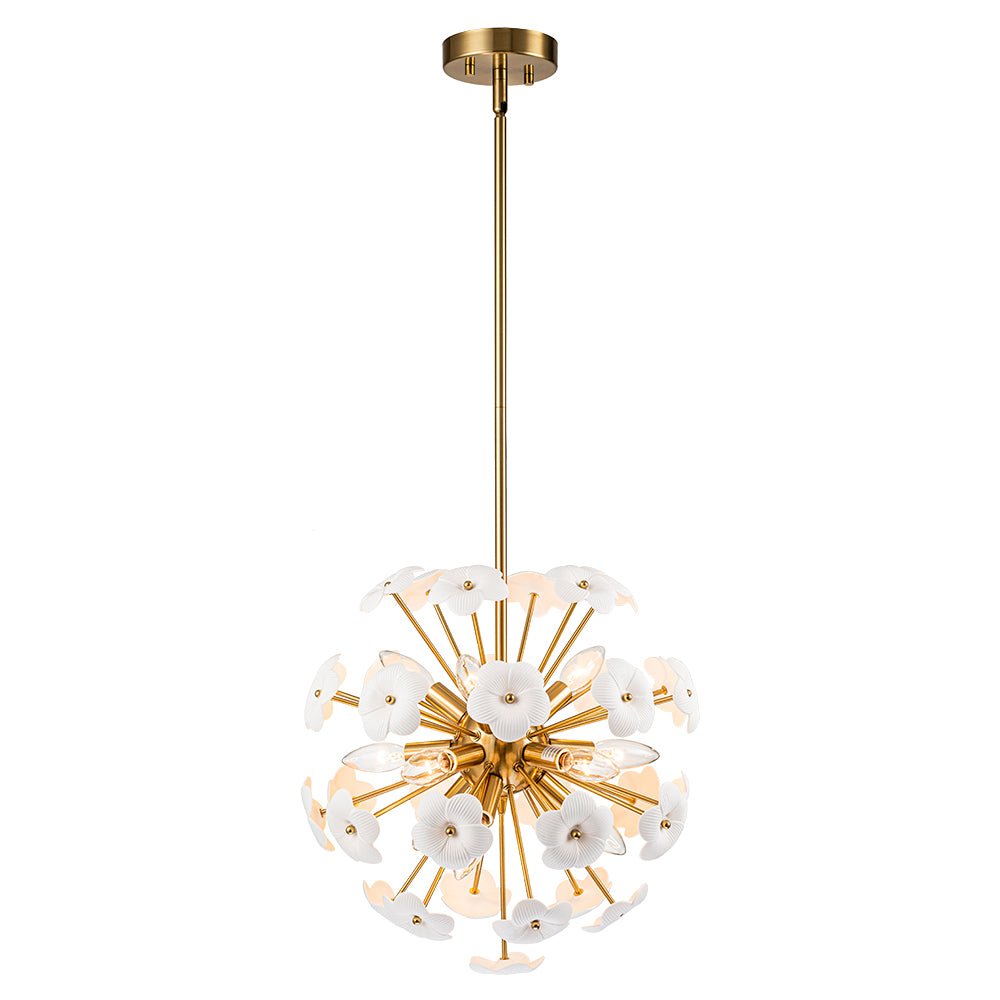 Ceramic Hoya Floral Brass Sunburst Sphere Chandelier