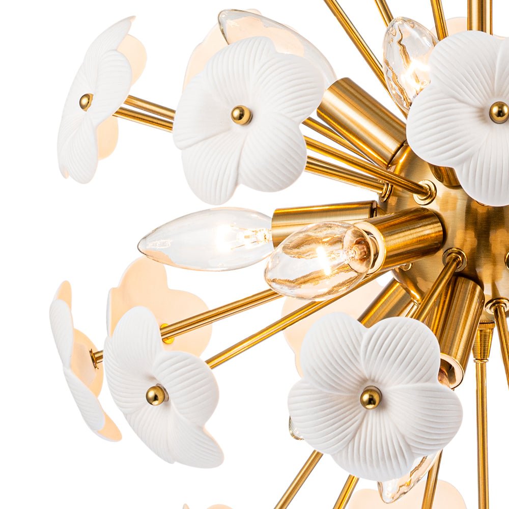 Ceramic Hoya Floral Brass Sunburst Sphere Chandelier