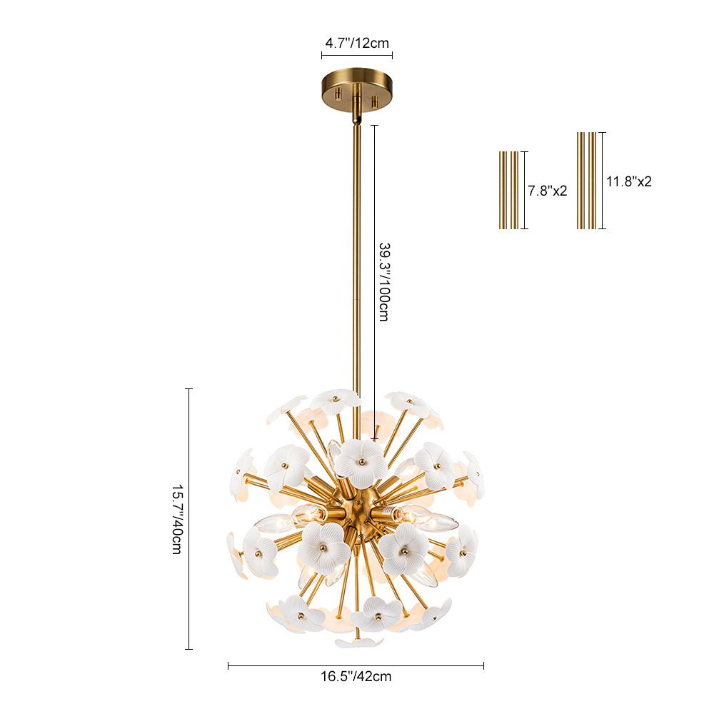 Ceramic Hoya Floral Brass Sunburst Sphere Chandelier