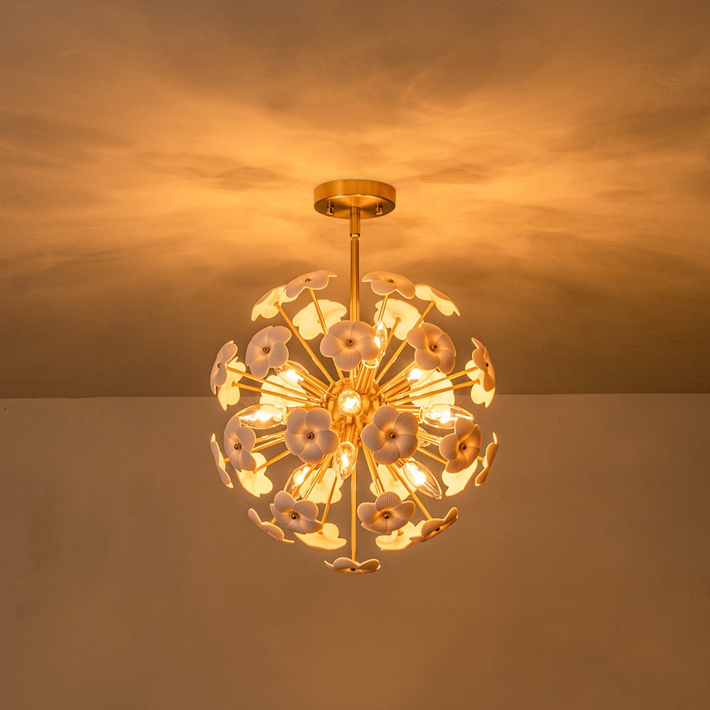 Ceramic Hoya Floral Brass Sunburst Sphere Chandelier