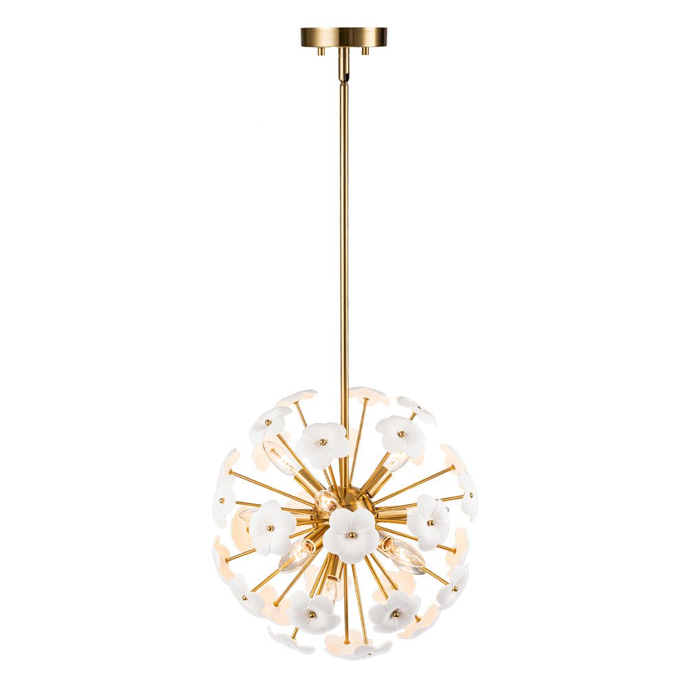 Ceramic Hoya Floral Brass Sunburst Sphere Chandelier