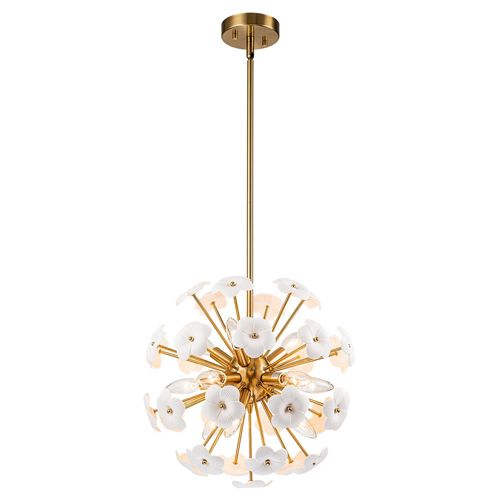 Ceramic Hoya Floral Brass Sunburst Sphere Chandelier