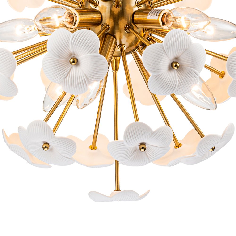 Ceramic Hoya Floral Brass Sunburst Sphere Chandelier