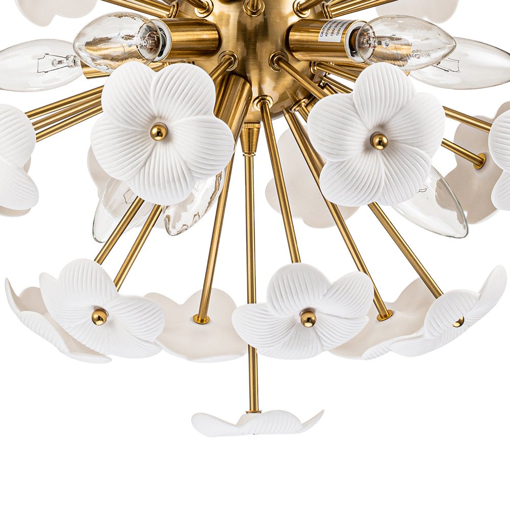 Ceramic Hoya Floral Brass Sunburst Sphere Chandelier