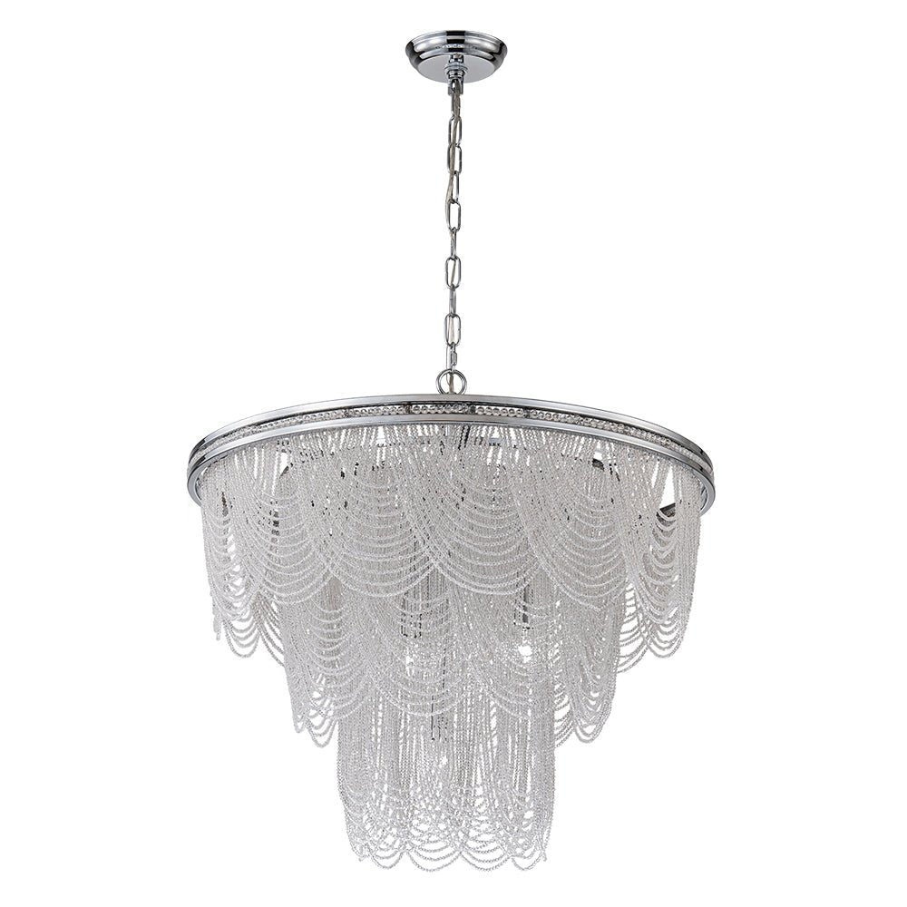 Chrome Glam 10-Light Tiered Crystal Bead Round Chandelier