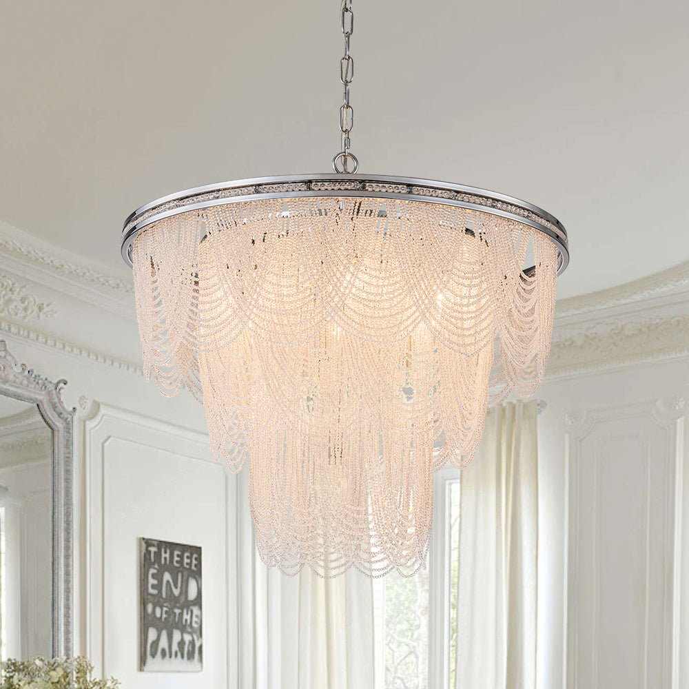 Chrome Glam 10-Light Tiered Crystal Bead Round Chandelier