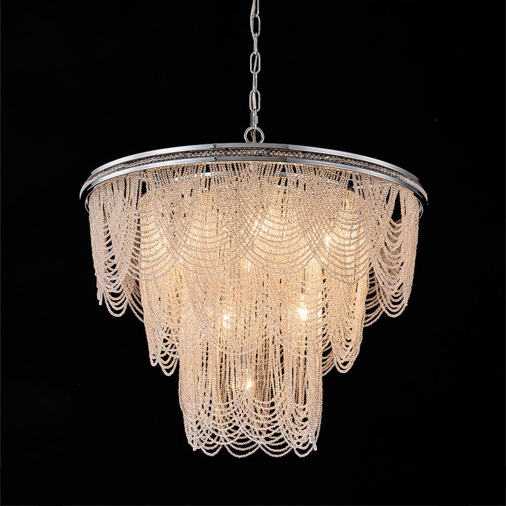 Chrome Glam 10-Light Tiered Crystal Bead Round Chandelier