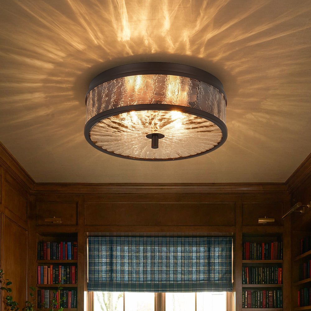 Clear Crackled Glass Drum Flush Mount Light