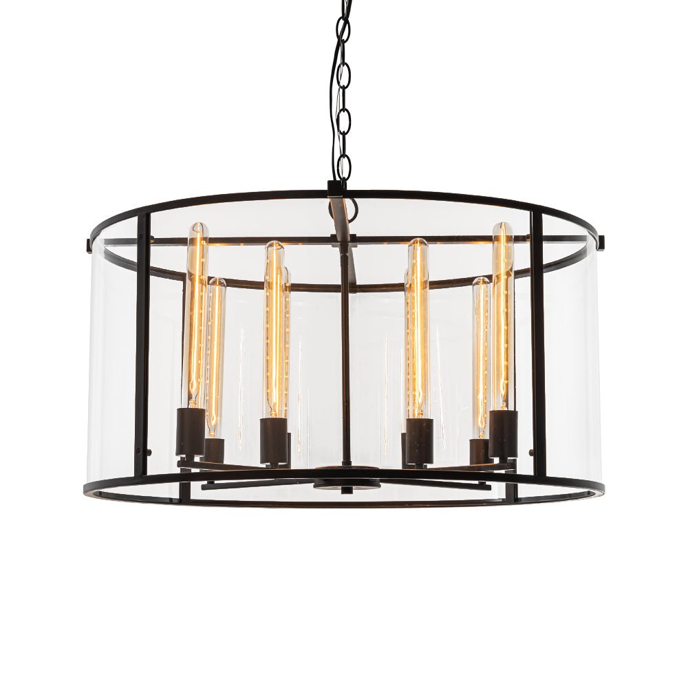 Clear Glass Black Manor Iron Drum Lantern Chandelier