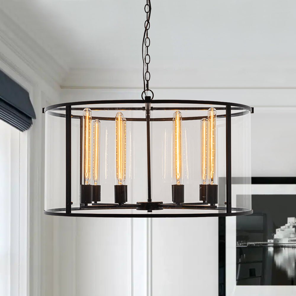 Clear Glass Black Manor Iron Drum Lantern Chandelier