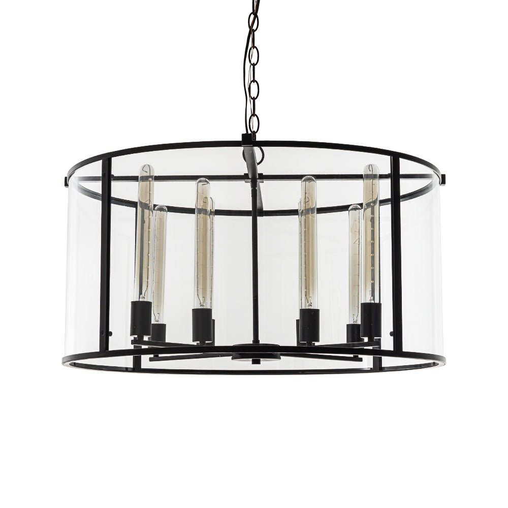 Clear Glass Black Manor Iron Drum Lantern Chandelier