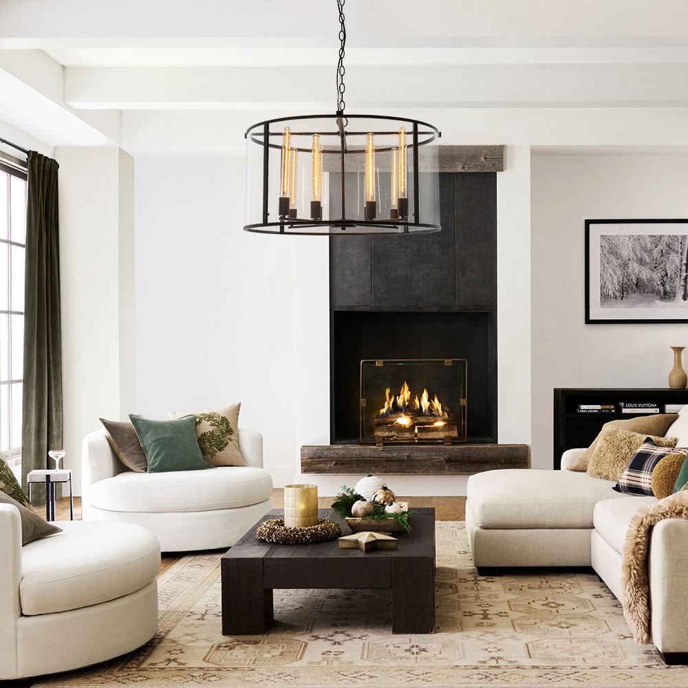 Clear Glass Black Manor Iron Drum Lantern Chandelier