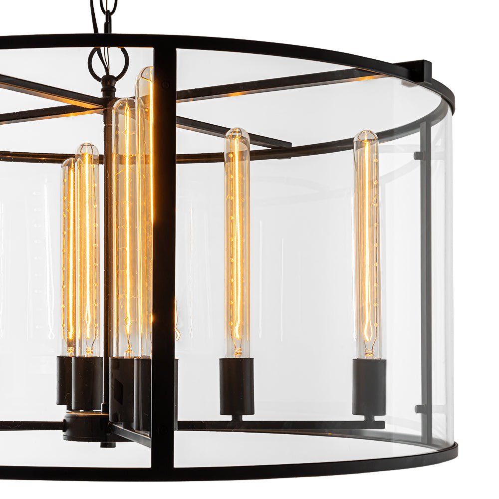 Clear Glass Black Manor Iron Drum Lantern Chandelier