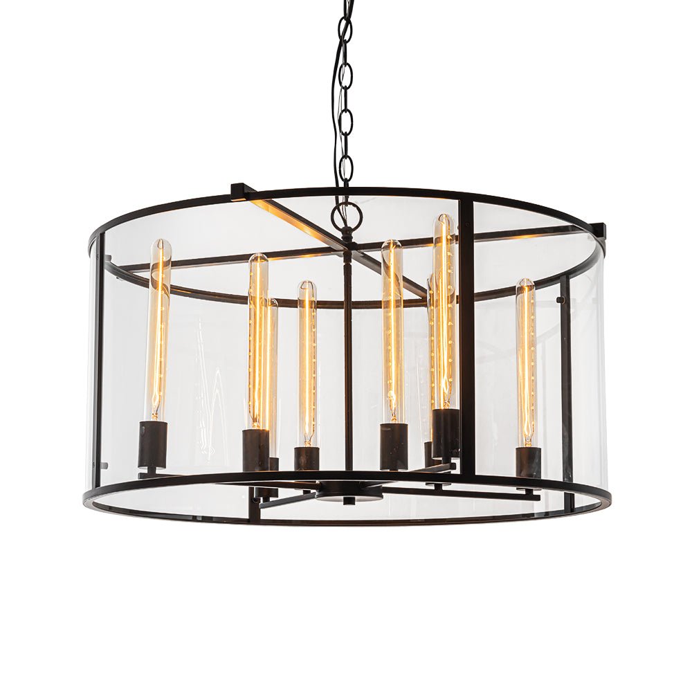 Clear Glass Black Manor Iron Drum Lantern Chandelier
