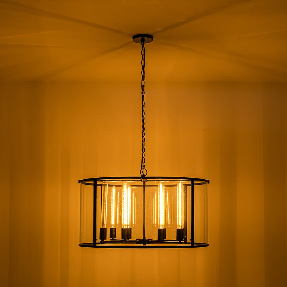 Clear Glass Black Manor Iron Drum Lantern Chandelier
