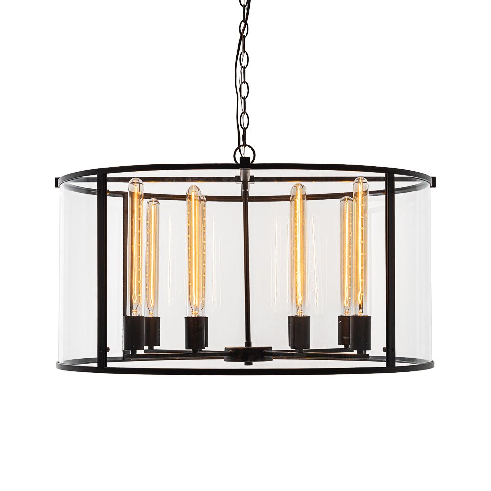 Clear Glass Black Manor Iron Drum Lantern Chandelier