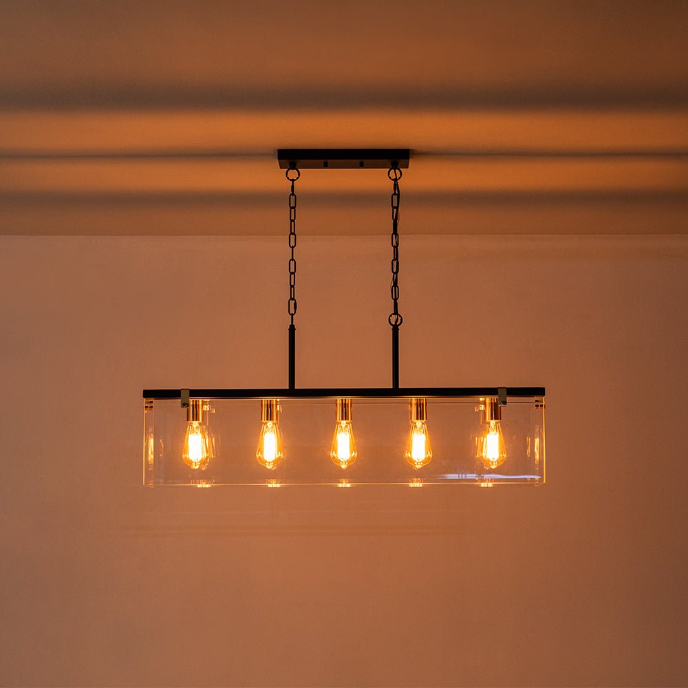 Contemporary Clear Glass Rectangular Cage Island Chandelier