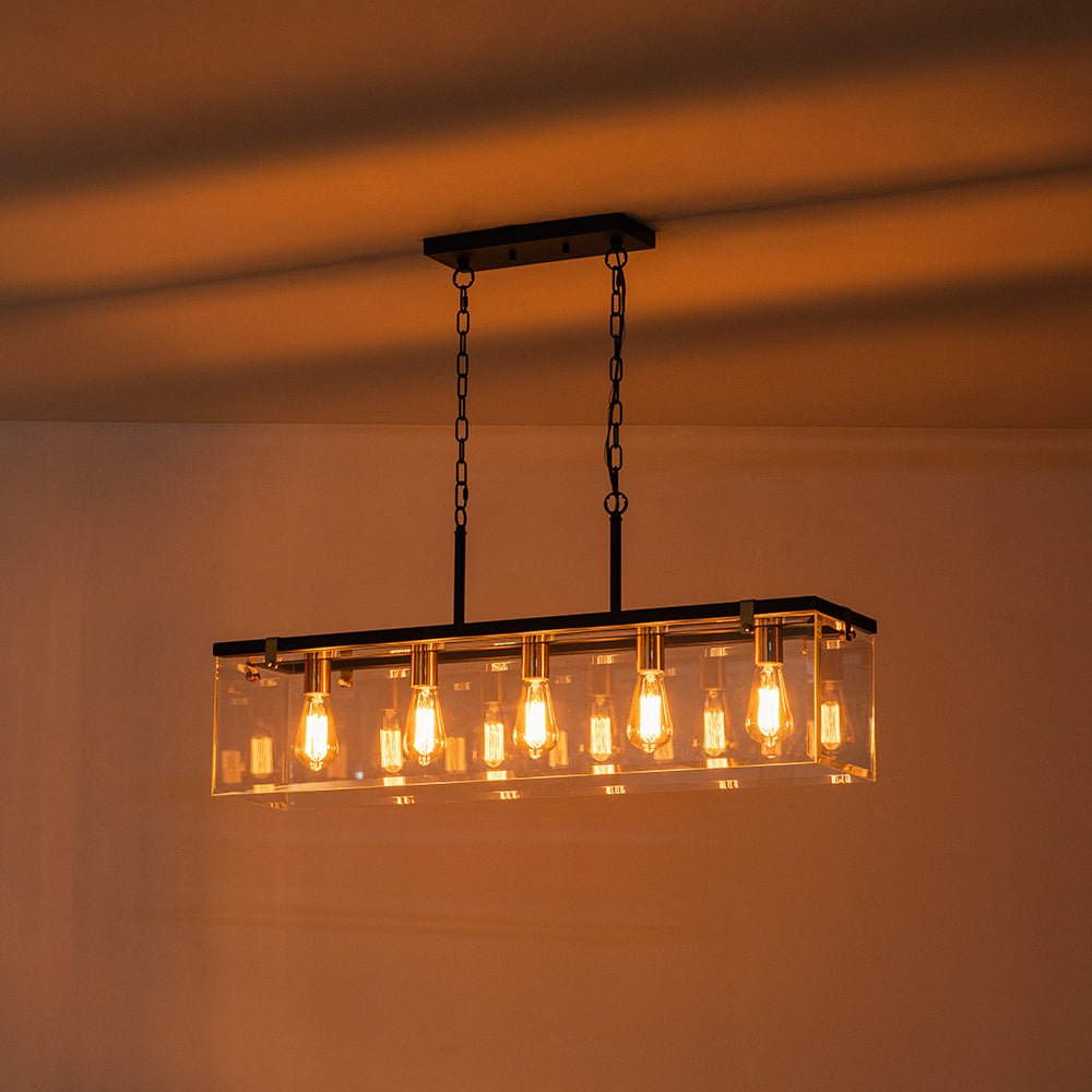 Contemporary Clear Glass Rectangular Cage Island Chandelier