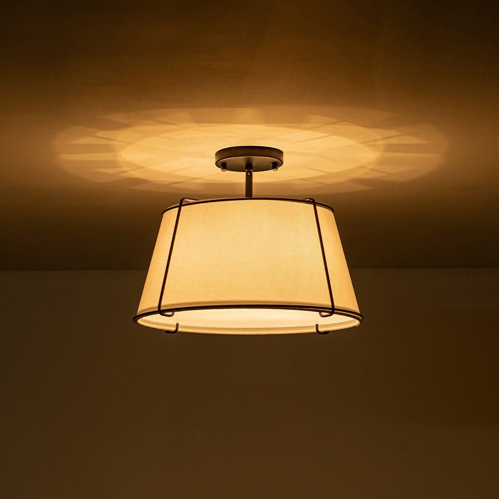 Contemporary Wide Linen Drum Brass Semi Flush Mount