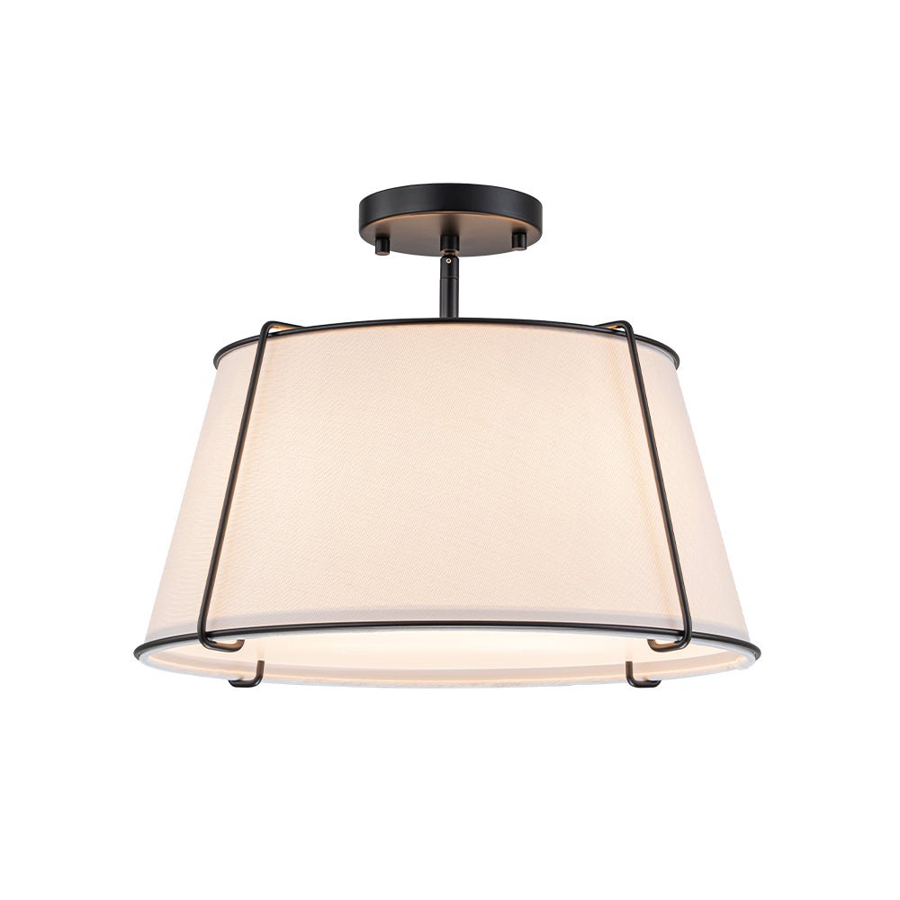Contemporary Wide Linen Drum Brass Semi Flush Mount