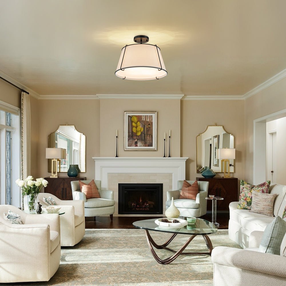 Contemporary Wide Linen Drum Brass Semi Flush Mount