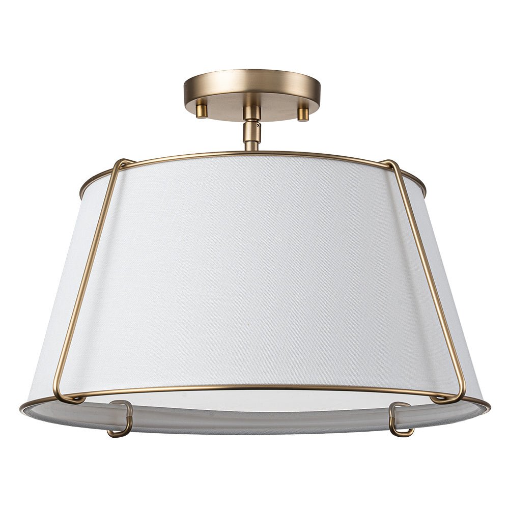 Contemporary Wide Linen Drum Brass Semi Flush Mount