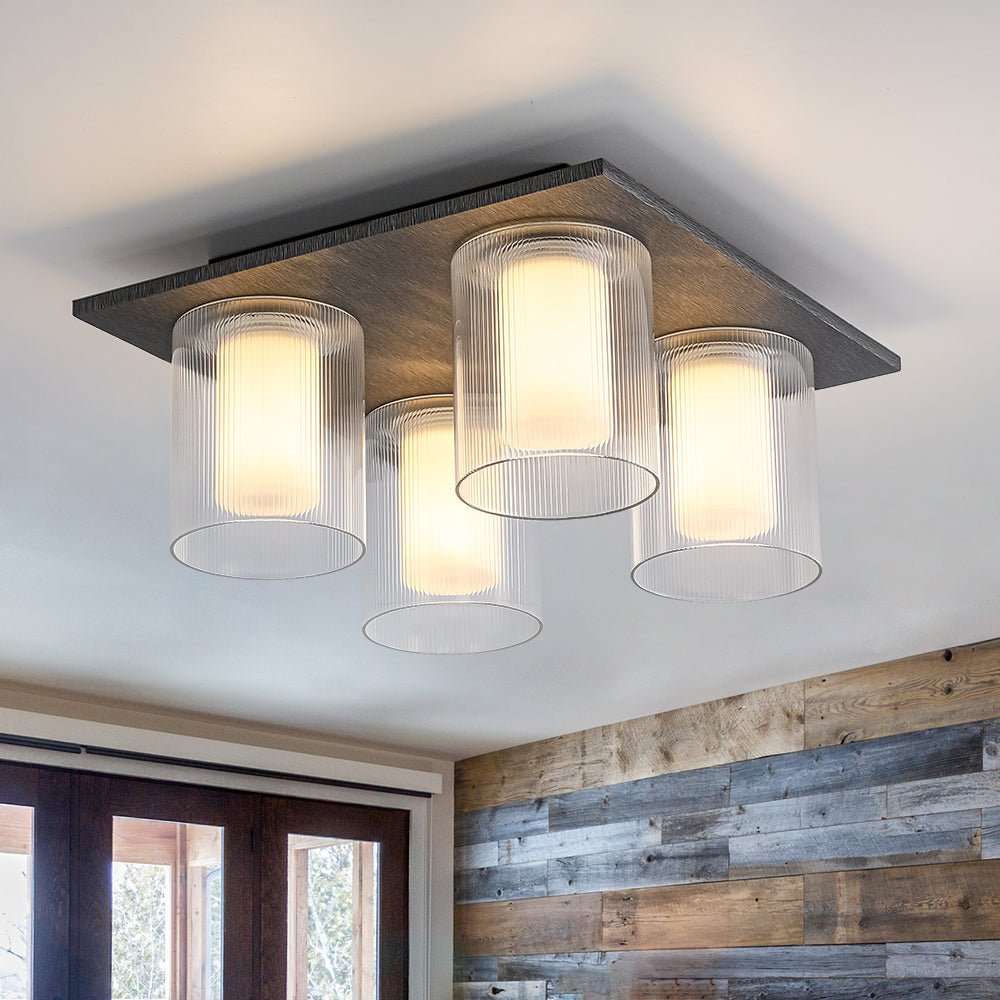 Dimmable LED Ribbed Glass 4-Light Square Semi Flush Mount