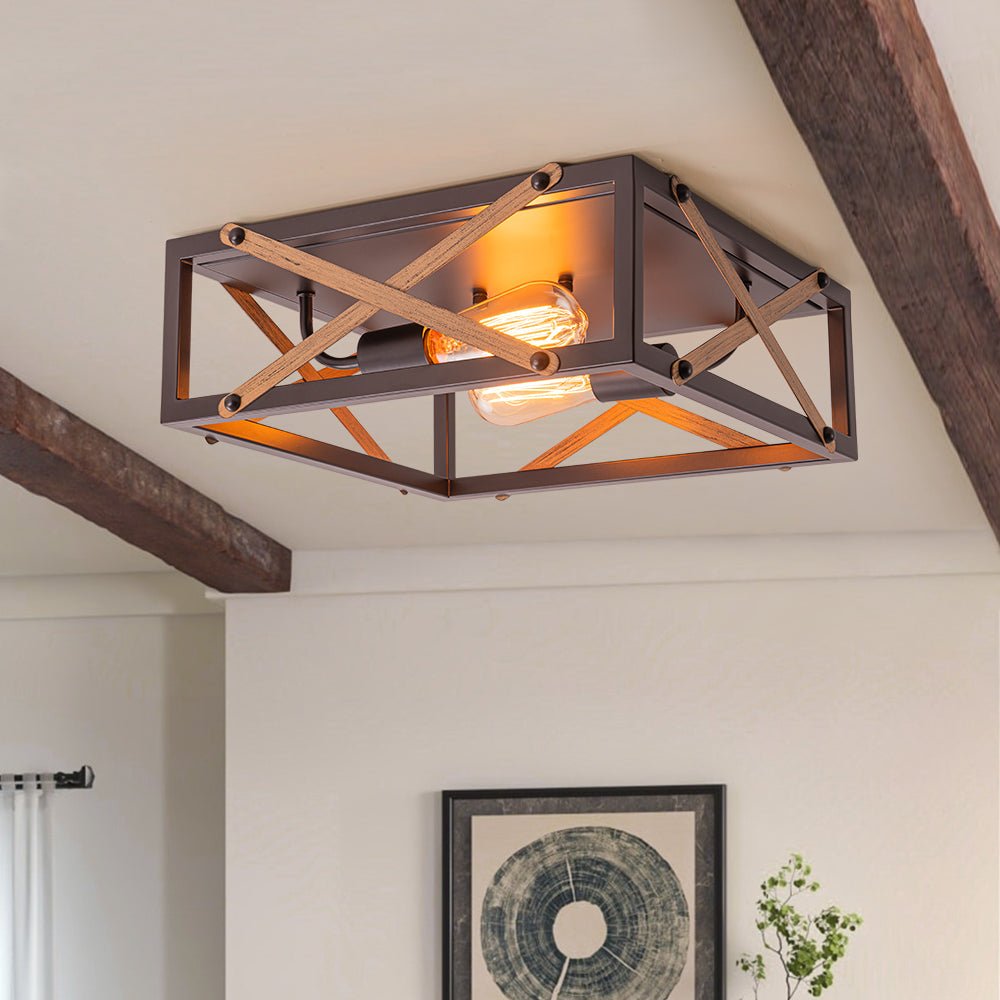 Farmhouse 2-Light Oil Rubbed Bronze Cross Square Flush Mount