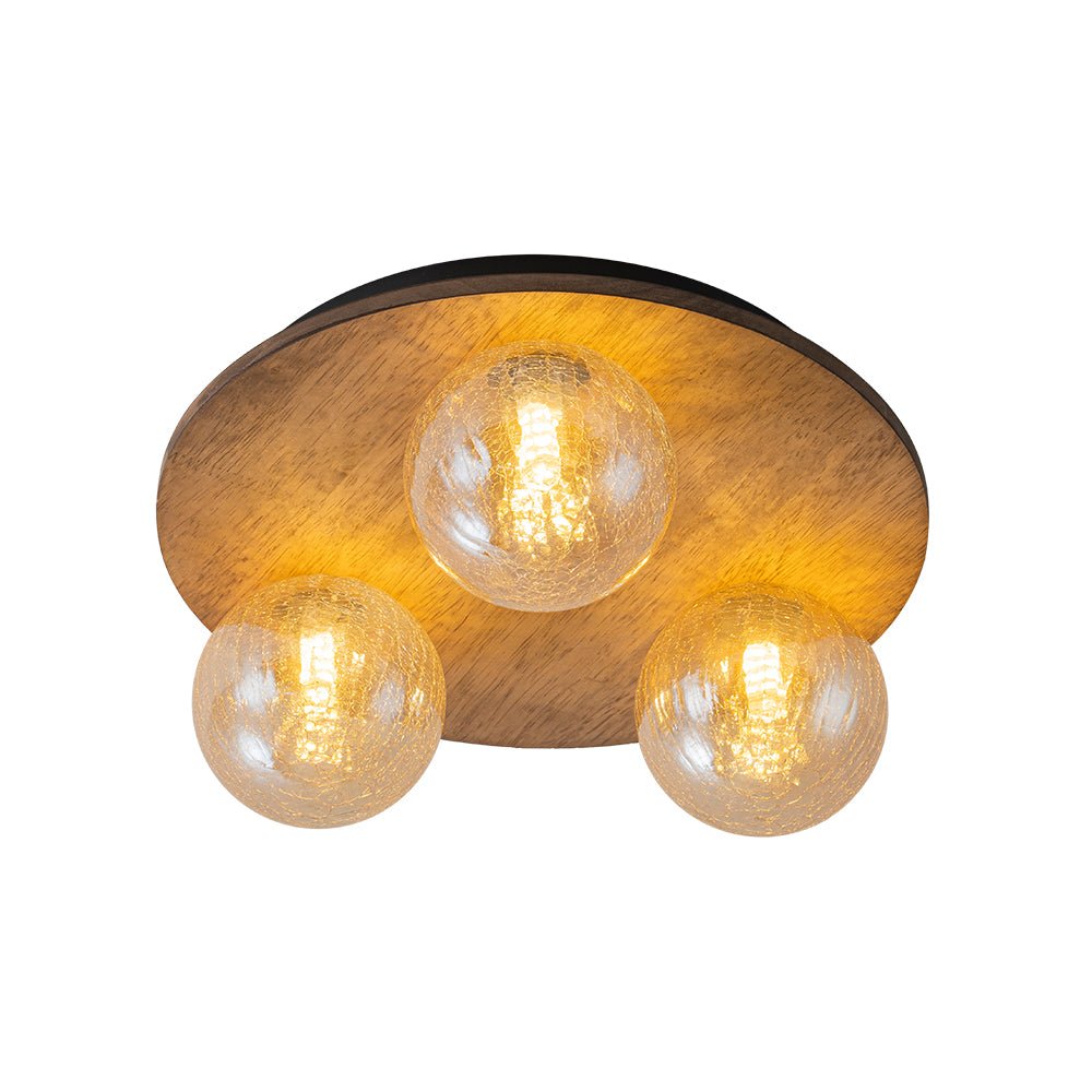 Farmhouse Amber Textured Glass Wooden Round Ceiling Light