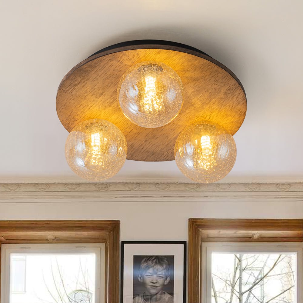 Farmhouse Amber Textured Glass Wooden Round Ceiling Light
