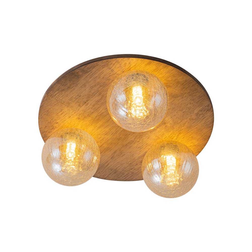 Farmhouse Amber Textured Glass Wooden Round Ceiling Light