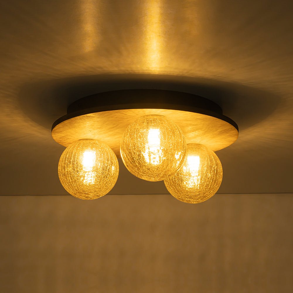 Farmhouse Amber Textured Glass Wooden Round Ceiling Light
