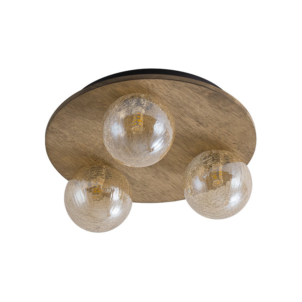 Farmhouse Amber Textured Glass Wooden Round Ceiling Light
