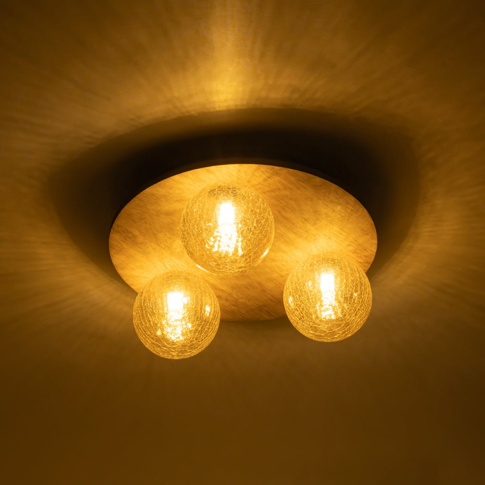 Farmhouse Amber Textured Glass Wooden Round Ceiling Light