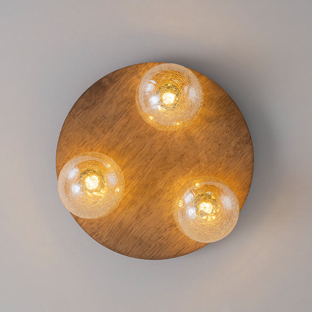 Farmhouse Amber Textured Glass Wooden Round Ceiling Light