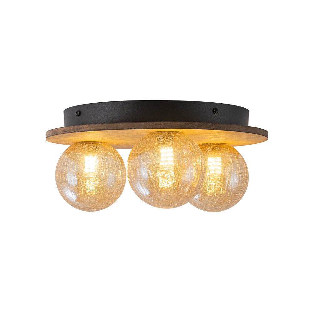 Farmhouse Amber Textured Glass Wooden Round Ceiling Light