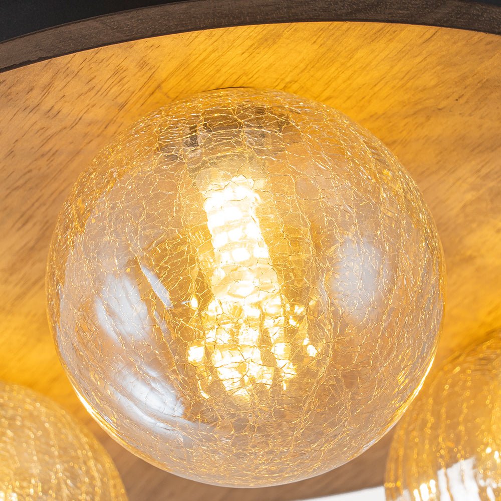 Farmhouse Amber Textured Glass Wooden Round Ceiling Light